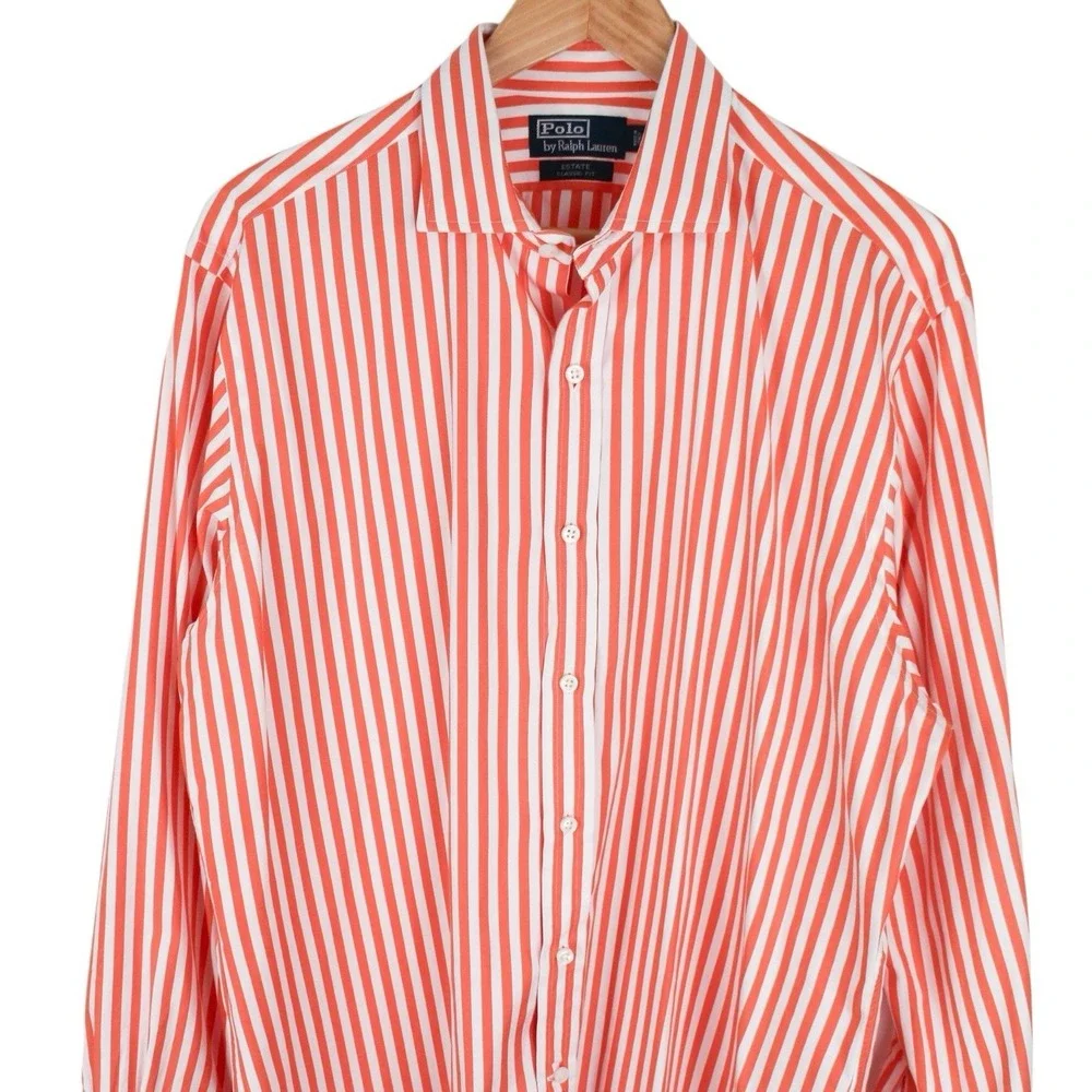 Polo Ralph Lauren Estate Classic Fit Striped Dress Shirt Orange White Size 16.5